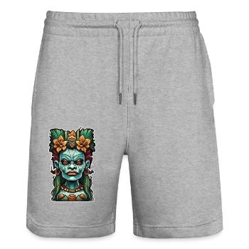 Tiki / Hawaii / Tropical / Island / Culture / Logo - Stanley/Stella Trainer Unisex Organic Jogging Shorts - heather grey - Front - Nik (191cm) & Marisol (170cm)
