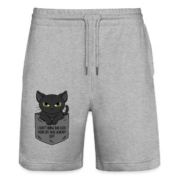 Poche poitrine chat noir Je n’apporte pas de malchance - Short de jogging bio TRAINER Stanley/Stella unisexe - gris chiné - Devant - Nik (191cm) & Marisol (170cm)