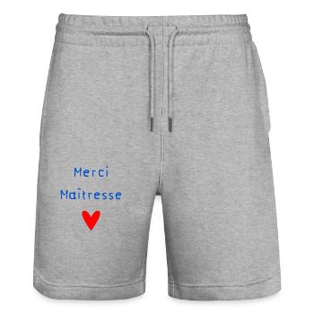 MAÎTRESSE. MERCI. MERCI MAÎTRESSE - Short de jogging bio TRAINER Stanley/Stella unisexe - gris chiné - Devant - Nik (191cm) & Marisol (170cm)