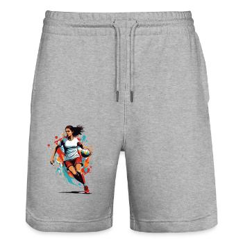 Handball Woman Streetwear Iconic Style - Stanley/Stella Trainer Unisex Organic Jogging Shorts - heather grey - Front - Nik (191cm) & Marisol (170cm)