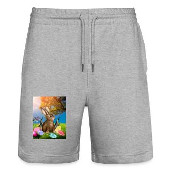 Lapin de Pâques du printemps avec des œufs de Pâques - Short de jogging bio TRAINER Stanley/Stella unisexe - gris chiné - Devant - Nik (191cm) & Marisol (170cm)
