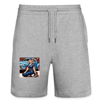 Pinup im Retrowagen Blau - Stanley/Stella Unisex Bio Joggingshorts Trainer  - Grau meliert - Vorne - Nik (191cm) & Marisol (170cm)