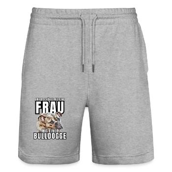NEVER underestimate a woman with a bulldog dog dog - Stanley/Stella Trainer Unisex Organic Jogging Shorts - heather grey - Front - Nik (191cm) & Marisol (170cm)