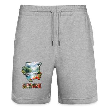 Watercolor Map of Suriname - Stanley/Stella Trainer Unisex Organic Jogging Shorts - heather grey - Front - Nik (191cm) & Marisol (170cm)