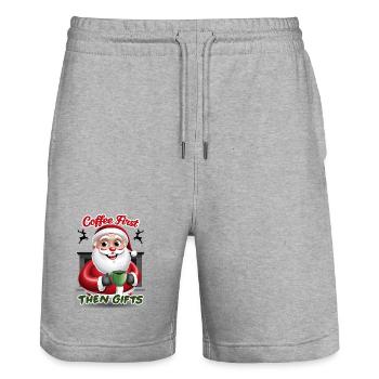 Père Noël avec café - Short de jogging bio TRAINER Stanley/Stella unisexe - gris chiné - Devant - Nik (191cm) & Marisol (170cm)