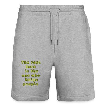The real hero is the one who helps people - Stanley/Stella Trainer Unisex Organic Jogging Shorts - heather grey - Front - Nik (191cm) & Marisol (170cm)