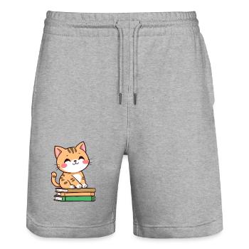Katze mit Büchern - Stanley/Stella Unisex Bio Joggingshorts Trainer  - Grau meliert - Vorne - Nik (191cm) & Marisol (170cm)