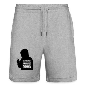 Schlechter Umgang, lustiger Spruch Kurzvorstellung - Stanley/Stella Unisex Bio Joggingshorts Trainer  - Grau meliert - Vorne - Nik (191cm) & Marisol (170cm)