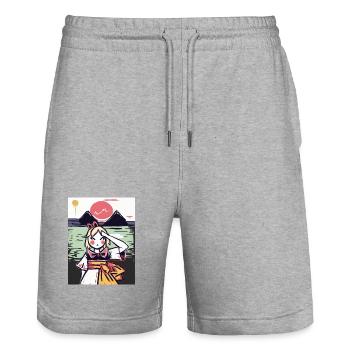 Japanisches Mädchen mit Sonne Meer und Bergen - Stanley/Stella Unisex Bio Joggingshorts Trainer  - Grau meliert - Vorne - Nik (191cm) & Marisol (170cm)