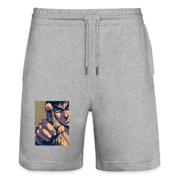 Combattant d’arts martiaux de dessin animé pointant du doigt - Short de jogging bio TRAINER Stanley/Stella unisexe - gris chiné - Devant - Nik (191cm) & Marisol (170cm)
