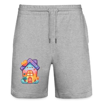 Pastellkawaii Häuschen Design - Stanley/Stella Unisex Bio Joggingshorts Trainer  - Grau meliert - Vorne - Nik (191cm) & Marisol (170cm)