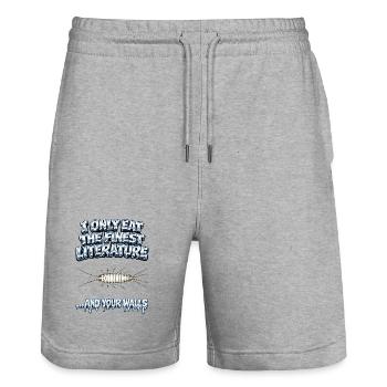 Je ne mange que la meilleure littérature - Short de jogging bio TRAINER Stanley/Stella unisexe - gris chiné - Devant - Nik (191cm) & Marisol (170cm)