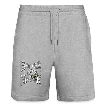 BetterLateThanNever_TextOnly - Stanley/Stella Trainer Unisex Organic Jogging Shorts - heather grey - Front - Nik (191cm) & Marisol (170cm)