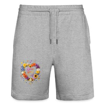 Love Your Self Blütenherz Design - Stanley/Stella Unisex Bio Joggingshorts Trainer  - Grau meliert - Vorne - Nik (191cm) & Marisol (170cm)