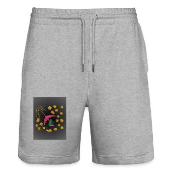 Goldene Blüten unter pinkem Strandschirm  - Stanley/Stella Unisex Bio Joggingshorts Trainer  - Grau meliert - Vorne - Nik (191cm) & Marisol (170cm)