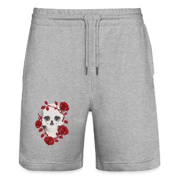 Crimson Rose Skull - Stanley/Stella Trainer Unisex Organic Jogging Shorts - heather grey - Front - Nik (191cm) & Marisol (170cm)