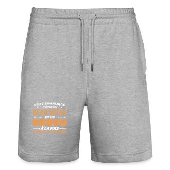 Complicated Beau Gosse and Bébou - Stanley/Stella Trainer Unisex Organic Jogging Shorts - heather grey - Front - Nik (191cm) & Marisol (170cm)