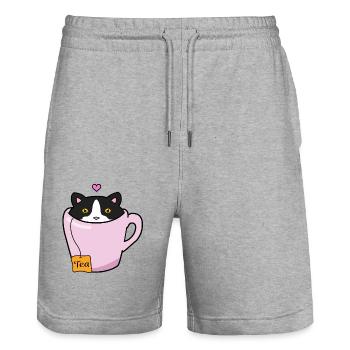 Black and white cat - Stanley/Stella Trainer Unisex Organic Jogging Shorts - heather grey - Front - Nik (191cm) & Marisol (170cm)