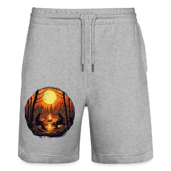 Campfire Lagerfeuer am See mit Holzhütte im Wald - Stanley/Stella Unisex Bio Joggingshorts Trainer  - Grau meliert - Vorne - Nik (191cm) & Marisol (170cm)