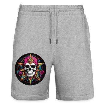 Crâne avec capuche colorée avec éléments décoratifs - Short de jogging bio TRAINER Stanley/Stella unisexe - gris chiné - Devant - Nik (191cm) & Marisol (170cm)