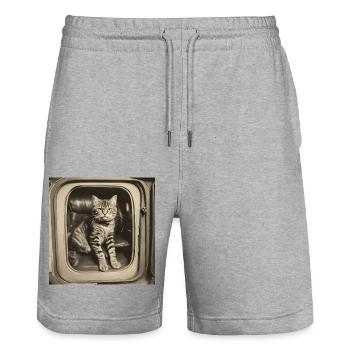 Cat / Animal / Photo / Sepia / Retro / Vintage / DJ - Stanley/Stella Trainer Unisex Organic Jogging Shorts - heather grey - Front - Nik (191cm) & Marisol (170cm)