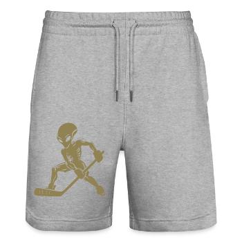 Alien Ice Hockey Player Silhouette Minimalist - Stanley/Stella Trainer Unisex Organic Jogging Shorts - heather grey - Front - Nik (191cm) & Marisol (170cm)
