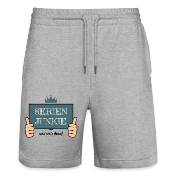 Series junkie and proud of it with a crown - Stanley/Stella Trainer Unisex Organic Jogging Shorts - heather grey - Front - Nik (191cm) & Marisol (170cm)