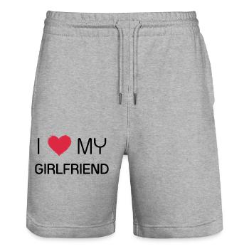 I love my girlfriend Design, Valentinstag lustig - Stanley/Stella Unisex Bio Joggingshorts Trainer  - Grau meliert - Vorne - Nik (191cm) & Marisol (170cm)