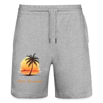 „Palm Paradise“ Kokospalme bei Sonnenuntergang - Stanley/Stella Unisex Bio Joggingshorts Trainer  - Grau meliert - Vorne - Nik (191cm) & Marisol (170cm)