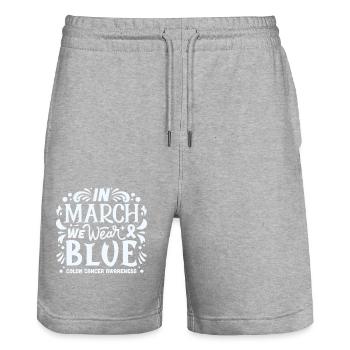 In march we wear blue colon colorectal cancer - Stanley/Stella Trainer Unisex Organic Jogging Shorts - heather grey - Front - Nik (191cm) & Marisol (170cm)