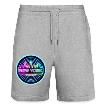 1980er Synthwave Neon New York - Retro-Neon-Vibes - Stanley/Stella Unisex Bio Joggingshorts Trainer  - Grau meliert - Vorne - Nik (191cm) & Marisol (170cm)