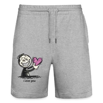 Bonhomme allumette avec coeur JE T’AIME - Short de jogging bio TRAINER Stanley/Stella unisexe - gris chiné - Devant - Nik (191cm) & Marisol (170cm)