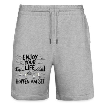 Hopfen am See Urlaub Berg Wandern - Stanley/Stella Unisex Bio Joggingshorts Trainer  - Grau meliert - Vorne - Nik (191cm) & Marisol (170cm)