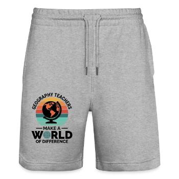 Geography Teachers Globe World Difference - Stanley/Stella Trainer Unisex Organic Jogging Shorts - heather grey - Front - Nik (191cm) & Marisol (170cm)