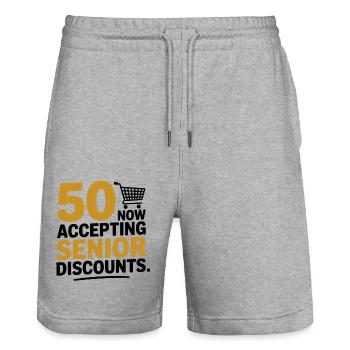 50 Senior Discounts Now Accepting Funny - Stanley/Stella Trainer Unisex Organic Jogging Shorts - heather grey - Front - Nik (191cm) & Marisol (170cm)