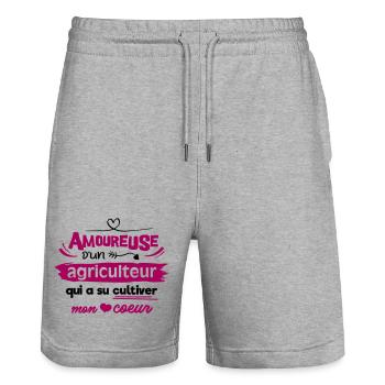 Amoureuse d'un agriculteur, humour cadeau - Short de jogging bio TRAINER Stanley/Stella unisexe - gris chiné - Devant - Nik (191cm) & Marisol (170cm)