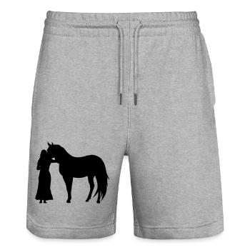 Woman with horse - Stanley/Stella Trainer Unisex Organic Jogging Shorts - heather grey - Front - Nik (191cm) & Marisol (170cm)