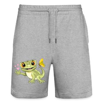 Lustiger lächelnder Gecko mit Schmetterling und Herzen - Stanley/Stella Unisex Bio Joggingshorts Trainer  - Grau meliert - Vorne - Nik (191cm) & Marisol (170cm)