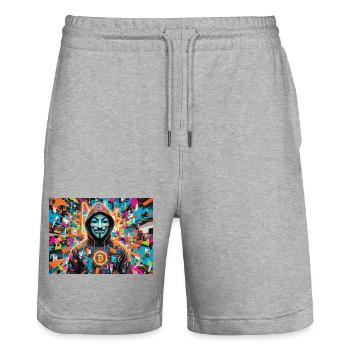 Bitcoin Bazooka - PopArt - Satoshi 3 - Short de jogging bio TRAINER Stanley/Stella unisexe - gris chiné - Devant - Nik (191cm) & Marisol (170cm)