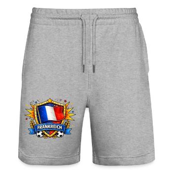 Drapeau français dans le bouclier de football - Short de jogging bio TRAINER Stanley/Stella unisexe - gris chiné - Devant - Nik (191cm) & Marisol (170cm)