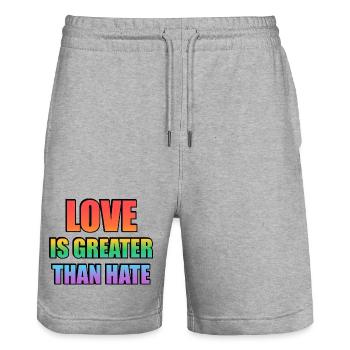 L’amour est plus grand que la haine Texte arc-en-ciel - Short de jogging bio TRAINER Stanley/Stella unisexe - gris chiné - Devant - Nik (191cm) & Marisol (170cm)