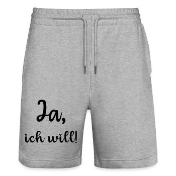 Ja ich will, heiraten, Braut, Polterabend, JGA - Stanley/Stella Unisex Bio Joggingshorts Trainer  - Grau meliert - Vorne - Nik (191cm) & Marisol (170cm)
