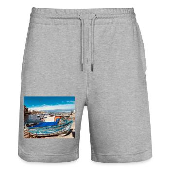 Blue boats in the harbor - Stanley/Stella Trainer Unisex Organic Jogging Shorts - heather grey - Front - Nik (191cm) & Marisol (170cm)