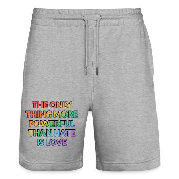 Amour puissant plutôt que haine - Short de jogging bio TRAINER Stanley/Stella unisexe - gris chiné - Devant - Nik (191cm) & Marisol (170cm)