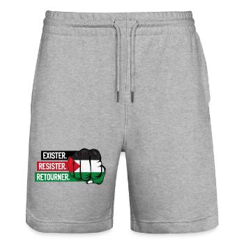 Poing_drapeau palestine_exister résister retourner - Short de jogging bio TRAINER Stanley/Stella unisexe - gris chiné - Devant - Nik (191cm) & Marisol (170cm)