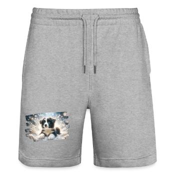 Rêve d’hiver avec chiot border colly dans la neige - Short de jogging bio TRAINER Stanley/Stella unisexe - gris chiné - Devant - Nik (191cm) & Marisol (170cm)