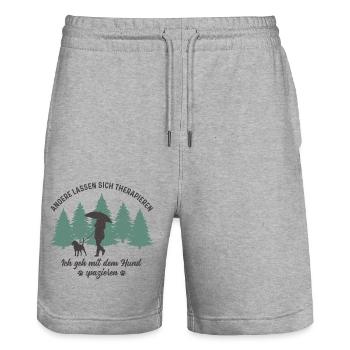 Frau mit Hund Gassi gehen Therapie Hundebesitzerin - Stanley/Stella Unisex Bio Joggingshorts Trainer  - Grau meliert - Vorne - Nik (191cm) & Marisol (170cm)