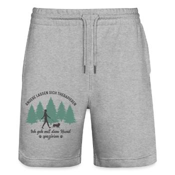 Frau mit Hund Gassi gehen Therapie Hundebesitzerin - Stanley/Stella Unisex Bio Joggingshorts Trainer  - Grau meliert - Vorne - Nik (191cm) & Marisol (170cm)