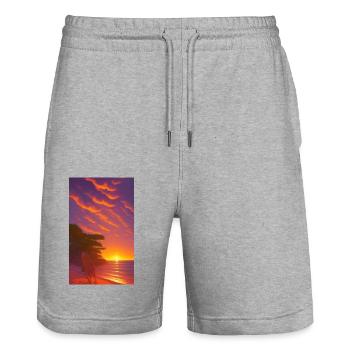Dessin comique d’un paysage de plage au coucher du soleil - Short de jogging bio TRAINER Stanley/Stella unisexe - gris chiné - Devant - Nik (191cm) & Marisol (170cm)