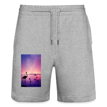 Flamingos in einem See bei Sonnenuntergang mit einem rosa Himmel kühl - Stanley/Stella Unisex Bio Joggingshorts Trainer  - Grau meliert - Vorne - Nik (191cm) & Marisol (170cm)